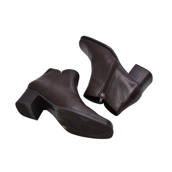 Vintage 1990s Brown Leather Ankle Boots Block Heel Zip Booties Y2K Streetwear - Picture 3 of 8